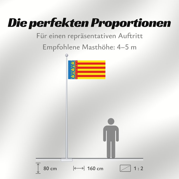 Proportionen der Flagge: Land of Valencia  official	Land of Valencia, 1 2 ratio	Valencia Community	Comunidad Valenciana, proporciones 1 2	Valencian Community	Comunità Valenciana	D o Comunidat Balenziana	Comunidá Valenciana	Comunitat Valenciana, proporcions 1 2	Valentziako Erkideg