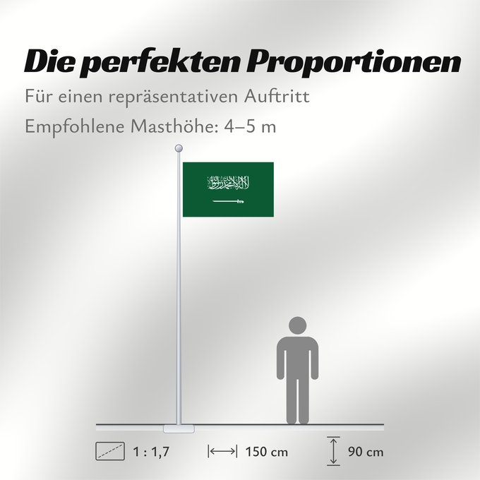 Proportionen der Flagge: Civil Ensign of Saudi Arabia  obverse	Saudi Arabia	Arabie saoudite	Arabia Saudita	Saudi-Arabien	الشعار المدني في الأعلى على الركن الأيمن للعلم، ومعدل التناسب ٢ ٣