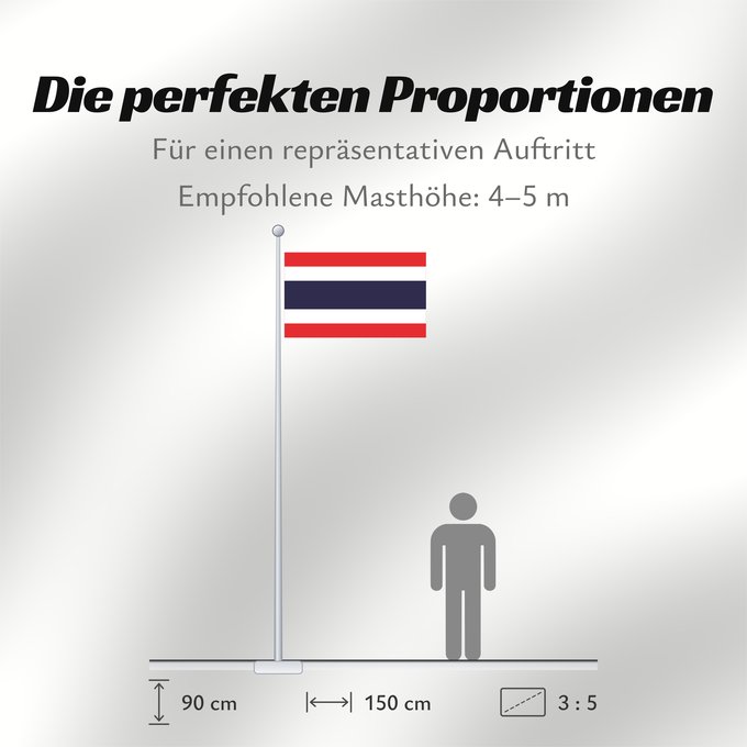 Proportionen der Flagge: Thailand The national flag of Kingdom of Thailand; there are total of 3 colours Red represents the blood spilt to protect Thailand’s independence and often more simply described as representing the nation Thaïlande Tailandia desde el año 2017; hay en tota