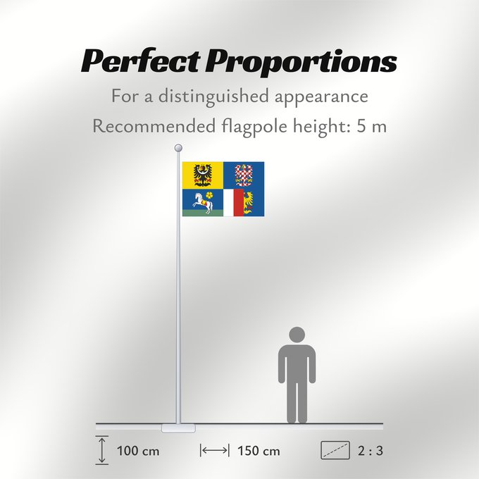 Flag Proportions: Moravian-Silesian Region Région de Moravie-Silésie Región de Moravia-Silesia Moravian-Silesian Moravskoslezského kraje čtvrcený list v horním žerďovém žlutém poli slezská orlice v dolním žerďovém modrém poli na zeleném trávníku