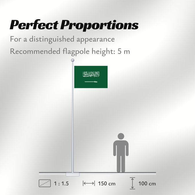 Flag Proportions: Civil Ensign of Saudi Arabia  obverse	Saudi Arabia	Arabie saoudite	Arabia Saudita	Saudi-Arabien	الشعار المدني في الأعلى على الركن الأيمن للعلم، ومعدل التناسب ٢ ٣