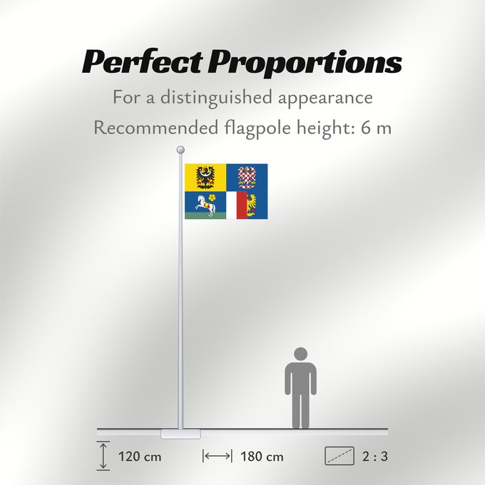 Flag Proportions: Moravian-Silesian Region Région de Moravie-Silésie Región de Moravia-Silesia Moravian-Silesian Moravskoslezského kraje čtvrcený list v horním žerďovém žlutém poli slezská orlice v dolním žerďovém modrém poli na zeleném trávníku