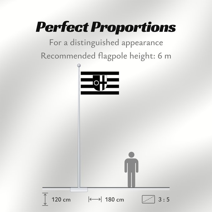 Flag Proportions: Datteln Beschreibung der Flagge Die Flagge der Stadt Datteln zeigt in der Mitte das Stadtwappen auf schwarz - weiß gestreiftem Felde in waagerechter Anordnung über 4 schwarzen und 3 weißen Streifen
