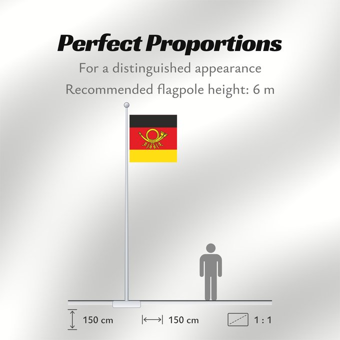 Flag Proportions: German post minister German Post Minister's car flag (1950–1994) Drapeau de voiture du ministre des Postes allemand (1950–1994) Bandera del coche del Ministro de Correos alemán (1950–1994) An Dienstkraftwagen des Bundesministers für das Post- und Fernmeld