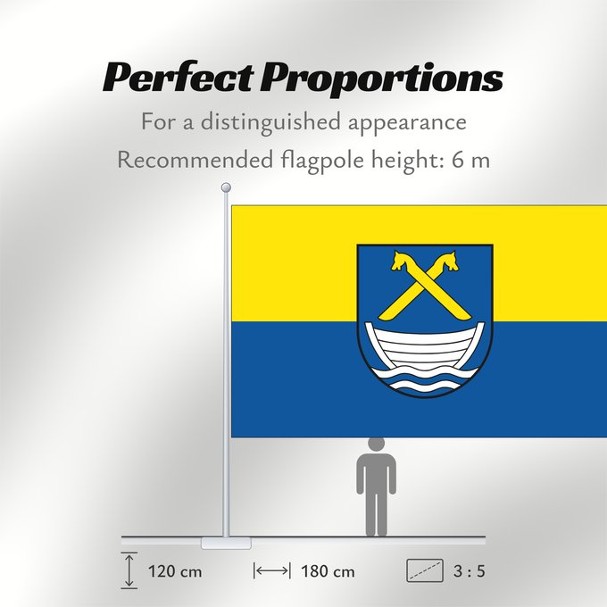 Flag Proportions: Kalkhorst German municipality of Kalkhorst Commune allemande de Kalkhorst Gemeinde Kalkhorst Die Flagge der Gemeinde ist gleichmäßig längsgestreift von Gelb und Blau; in der Mitte der Flaggentuchsliegt