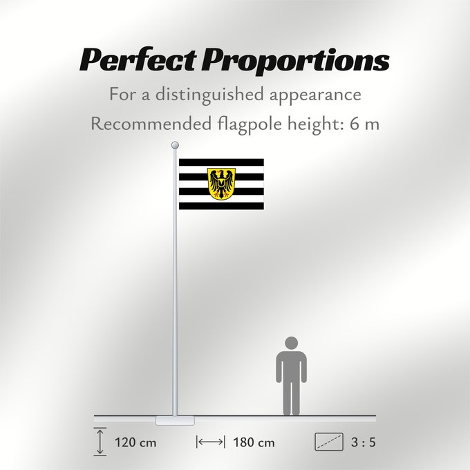 Flag Proportions: Waltrop	Beschreibung der Flagge  Die Flagge der Stadt Waltrop zeigt in der Mitte das Stadtwappen auf schwarz - weiß gestreiftem Felde in waagerechter Anordnung über 4 schwarzen und 3 weißen Streifen