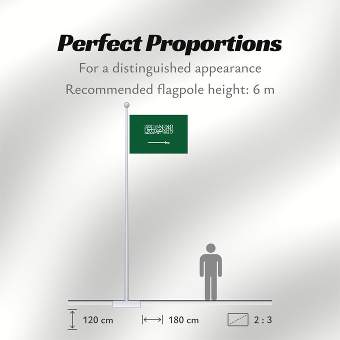 Flag Proportions: Civil Ensign of Saudi Arabia  obverse	Saudi Arabia	Arabie saoudite	Arabia Saudita	Saudi-Arabien	الشعار المدني في الأعلى على الركن الأيمن للعلم، ومعدل التناسب ٢ ٣