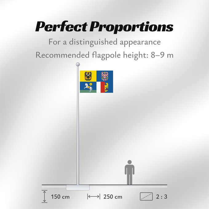 Flag Proportions: Moravian-Silesian Region Région de Moravie-Silésie Región de Moravia-Silesia Moravian-Silesian Moravskoslezského kraje čtvrcený list v horním žerďovém žlutém poli slezská orlice v dolním žerďovém modrém poli na zeleném trávníku