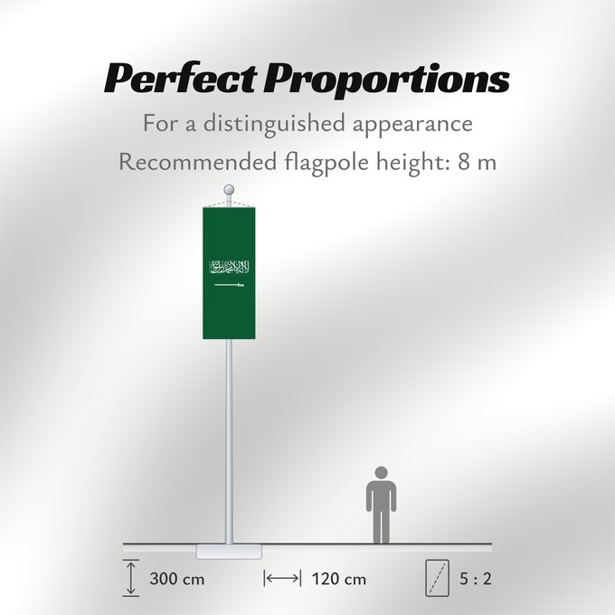 Flag Proportions: Civil Ensign of Saudi Arabia  obverse	Saudi Arabia	Arabie saoudite	Arabia Saudita	Saudi-Arabien	الشعار المدني في الأعلى على الركن الأيمن للعلم، ومعدل التناسب ٢ ٣