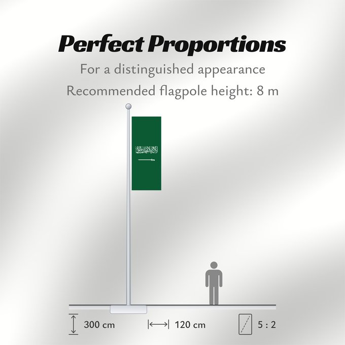 Flag Proportions: Civil Ensign of Saudi Arabia  obverse	Saudi Arabia	Arabie saoudite	Arabia Saudita	Saudi-Arabien	الشعار المدني في الأعلى على الركن الأيمن للعلم، ومعدل التناسب ٢ ٣