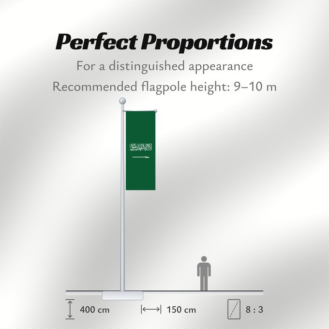 Flag Proportions: Civil Ensign of Saudi Arabia  obverse	Saudi Arabia	Arabie saoudite	Arabia Saudita	Saudi-Arabien	الشعار المدني في الأعلى على الركن الأيمن للعلم، ومعدل التناسب ٢ ٣