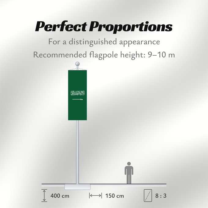 Flag Proportions: Civil Ensign of Saudi Arabia  obverse	Saudi Arabia	Arabie saoudite	Arabia Saudita	Saudi-Arabien	الشعار المدني في الأعلى على الركن الأيمن للعلم، ومعدل التناسب ٢ ٣