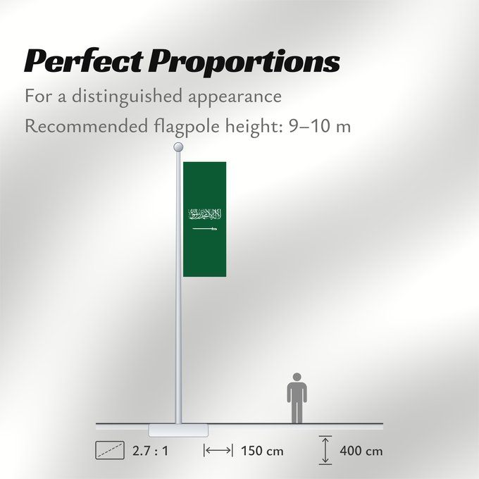 Flag Proportions: Civil Ensign of Saudi Arabia  obverse	Saudi Arabia	Arabie saoudite	Arabia Saudita	Saudi-Arabien	الشعار المدني في الأعلى على الركن الأيمن للعلم، ومعدل التناسب ٢ ٣