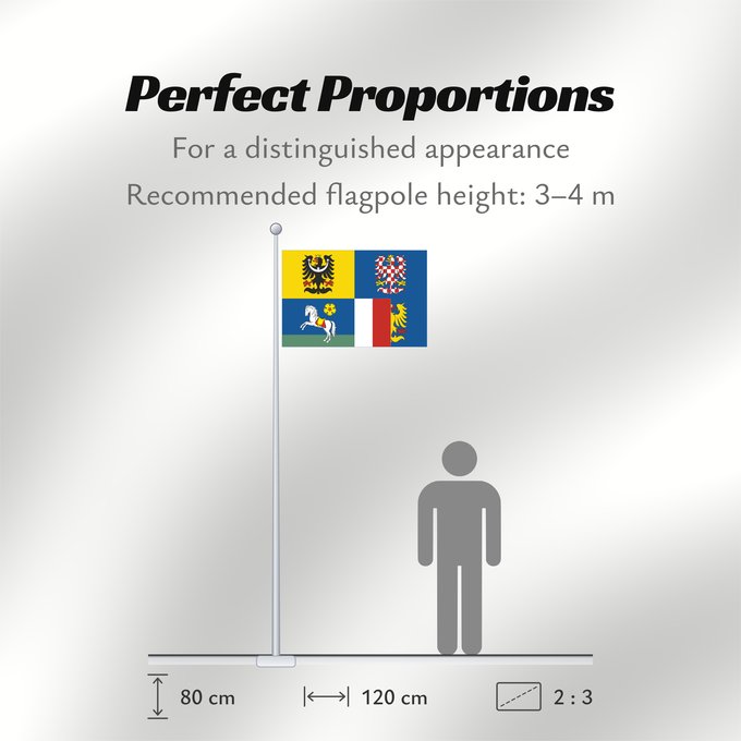 Flag Proportions: Moravian-Silesian Region Région de Moravie-Silésie Región de Moravia-Silesia Moravian-Silesian Moravskoslezského kraje čtvrcený list v horním žerďovém žlutém poli slezská orlice v dolním žerďovém modrém poli na zeleném trávníku