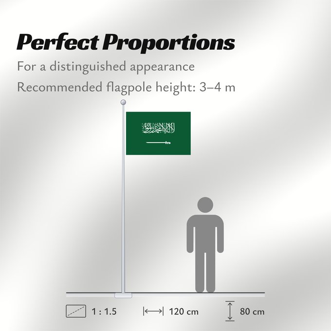 Flag Proportions: Civil Ensign of Saudi Arabia  obverse	Saudi Arabia	Arabie saoudite	Arabia Saudita	Saudi-Arabien	الشعار المدني في الأعلى على الركن الأيمن للعلم، ومعدل التناسب ٢ ٣
