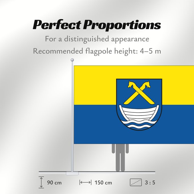 Flag Proportions: Kalkhorst German municipality of Kalkhorst Commune allemande de Kalkhorst Gemeinde Kalkhorst Die Flagge der Gemeinde ist gleichmäßig längsgestreift von Gelb und Blau; in der Mitte der Flaggentuchsliegt