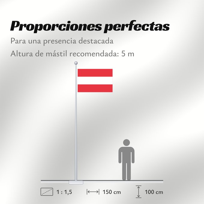 Proporciones de la bandera: Austria	Austria with the red in the Austrian national colours which was official ordered within the Austrian Armed Forces  Bundesheer  in the characteristic  Pantone 032 C”  since May 2018 the Red is ordered in the characteristic  Pantone 186 C”	L Autrich