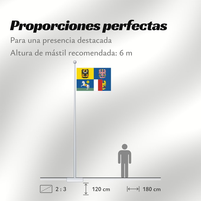 Proporciones de la bandera: Moravian-Silesian Region Région de Moravie-Silésie Región de Moravia-Silesia Moravian-Silesian Moravskoslezského kraje čtvrcený list v horním žerďovém žlutém poli slezská orlice v dolním žerďovém modrém poli na zeleném trávníku