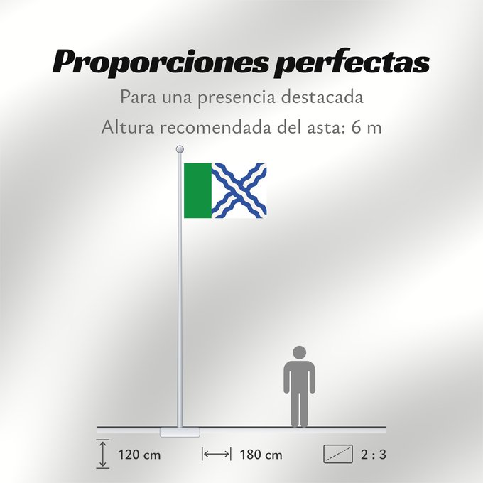 Proporciones de la bandera: Albalatillo Albalatillo De proporciones 2/3, siendo el tercio del asta de color verde y el resto blanco con un aspa ondada de tres