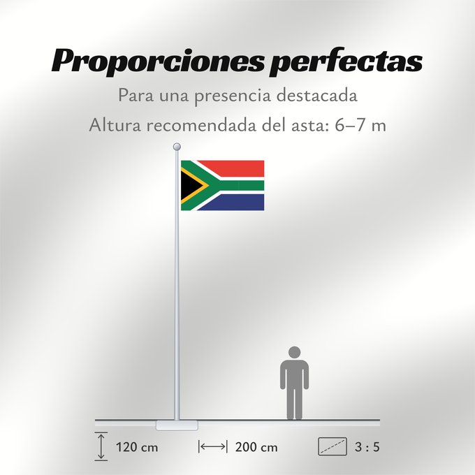 Proporciones de la bandera: South Africa	Afrique du Sud	Sudáfrica	Südafrika	Sudafrica	South África Used color National flag | South African Government and Pantone Color Picker      green rendered as RGB 000 119 073Pantone 3415 C      yellow rendered as RGB 255 184 028Pantone 1235 C 