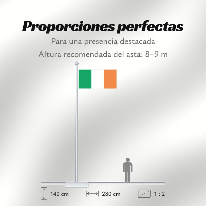 Proporciones de la bandera: Ireland Note that the green portion of the flag was designed to represent the majority Catholic residents of the island La partie verte du drapeau représente la majorité catholique de l île Es notable el hecho que la parte verde de la bandera representa l