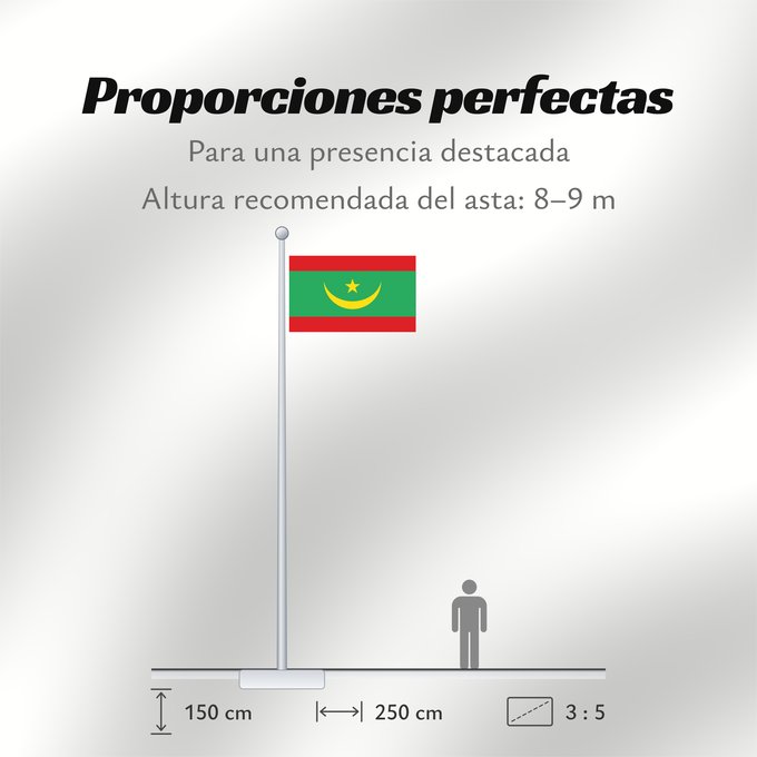 Proporciones de la bandera: Mauritania Mauritanie La Asamblea Nacional de Mauritania aprobó cambiar el diseño de la bandera nacional Mauretanien علم موريتانيا ، اعتمد في عام 2017. أضاف مجلس الأمة خطوطًا حمراء على الحافة العلوية والسفلية لتمثل دماء شهداء الاستقلال