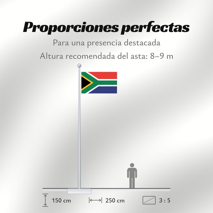 Proporciones de la bandera: South Africa Afrique du Sud Sudáfrica Südafrika Sudafrica South África Used color National flag | South African Government and Pantone Color Picker green rendered as RGB 000 119 073Pantone 3415 C yellow rendered as RGB 255 184 028Pantone 1235 C