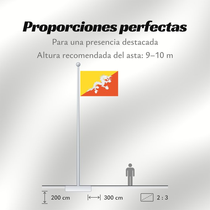 Proporciones de la bandera: Bhutan Bhoutan Bután Butão علم بوتان ভূটানের পতাকা ཧྥ་རན་ས་ཀྱི་དར་ཆ། Bhutani lipp Bhutanin Watawat ng Bhutan भूटान का ध्वज Флаг Бутана Butana Bhutans Bhutanu ธงชาติ ประเทศภูฏาน