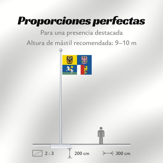 Proporciones de la bandera: Moravian-Silesian Region	Région de Moravie-Silésie	Región de Moravia-Silesia	Moravian-Silesian	Moravskoslezského kraje čtvrcený list v horním žerďovém žlutém poli slezská orlice v dolním žerďovém modrém poli na zeleném trávníku