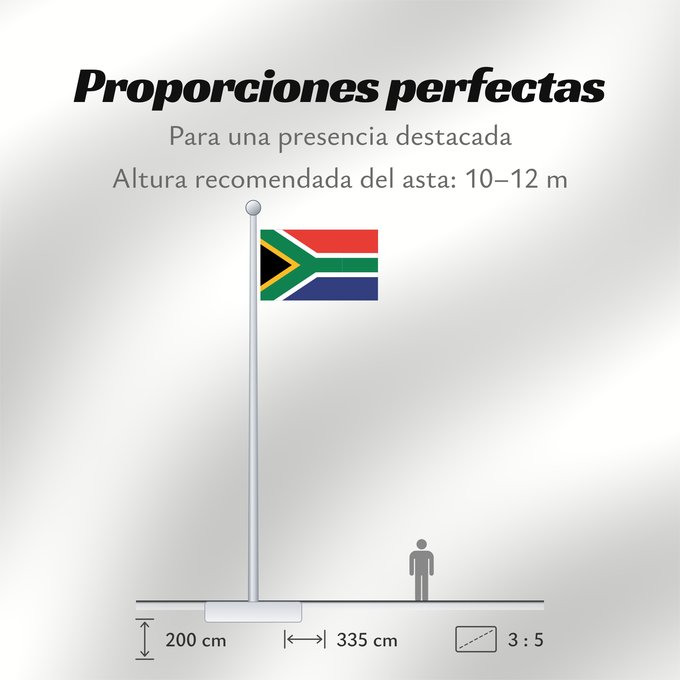 Proporciones de la bandera: South Africa Afrique du Sud Sudáfrica Südafrika Sudafrica South África Used color National flag | South African Government and Pantone Color Picker green rendered as RGB 000 119 073Pantone 3415 C yellow rendered as RGB 255 184 028Pantone 1235 C