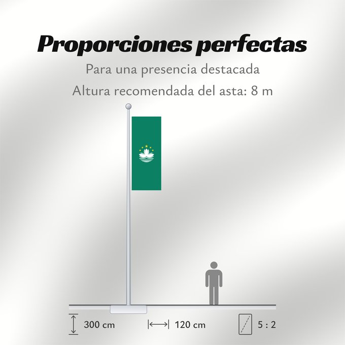 Proporciones de la bandera: Macau Macao Região Administrativa Especial de Macau 澳門特別行政區區旗 / Ó̤-muòng Dĕk-biék Hèng-céng-kṳ̆ kṳ̆-gì Macaa 澳門特別行政區區旗 澳門特別行政區區旗 / Àu-mûn Thi̍t-phe̍t Hàng-tsṳn-khî khî-khì マカオの旗 Aumın 마카오의 旗 / 마카오의 기 澳門特別行政區之區旗 Флаг Макао Makao ئاۋمېن بايرىقى Прапор А