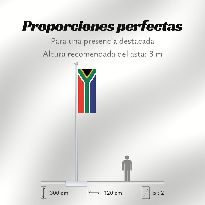Proporciones de la bandera: South Africa Afrique du Sud Sudáfrica Südafrika Sudafrica South África Used color National flag | South African Government and Pantone Color Picker green rendered as RGB 000 119 073Pantone 3415 C yellow rendered as RGB 255 184 028Pantone 1235 C