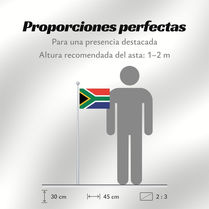 Proporciones de la bandera: South Africa Afrique du Sud Sudáfrica Südafrika Sudafrica South África Used color National flag | South African Government and Pantone Color Picker green rendered as RGB 000 119 073Pantone 3415 C yellow rendered as RGB 255 184 028Pantone 1235 C
