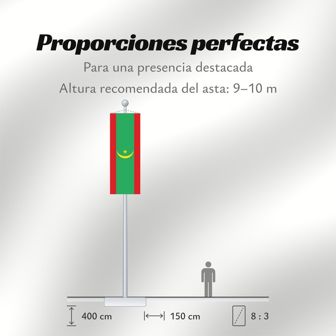 Proporciones de la bandera: Mauritania Mauritanie La Asamblea Nacional de Mauritania aprobó cambiar el diseño de la bandera nacional Mauretanien علم موريتانيا ، اعتمد في عام 2017. أضاف مجلس الأمة خطوطًا حمراء على الحافة العلوية والسفلية لتمثل دماء شهداء الاستقلال