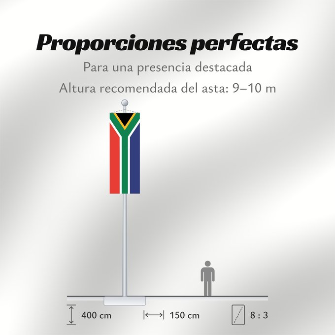 Proporciones de la bandera: South Africa	Afrique du Sud	Sudáfrica	Südafrika	Sudafrica	South África Used color National flag | South African Government and Pantone Color Picker      green rendered as RGB 000 119 073Pantone 3415 C      yellow rendered as RGB 255 184 028Pantone 1235 C 