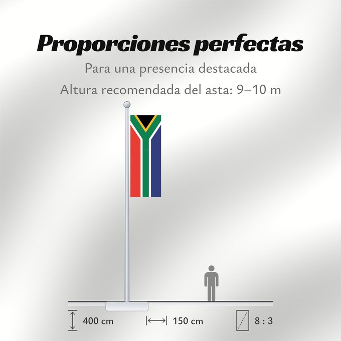 Proporciones de la bandera: South Africa	Afrique du Sud	Sudáfrica	Südafrika	Sudafrica	South África Used color National flag | South African Government and Pantone Color Picker      green rendered as RGB 000 119 073Pantone 3415 C      yellow rendered as RGB 255 184 028Pantone 1235 C 