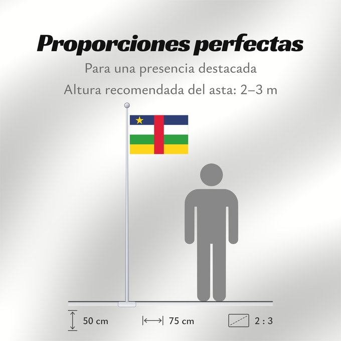 Proporciones de la bandera: Central African Republic	The proportions of this flag are 3 2; however	République centrafricaine	República Centroafricana	Zentralafrikanischen Republik	Repubblica Centrafricana	Centraal-Afrikaanse Republiek	علم جمهورية أفريقيا الوسطى	Af den Central Afrika