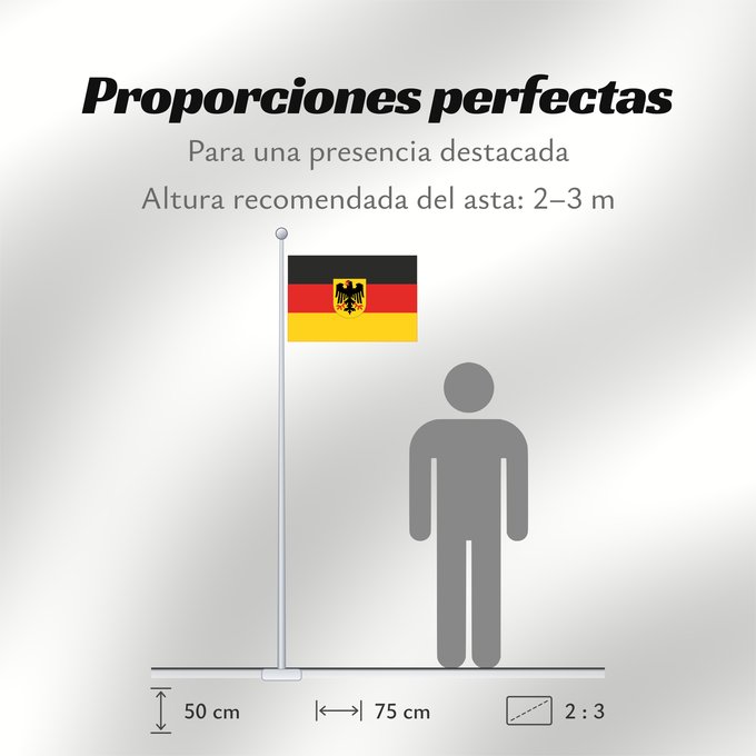 Proporciones de la bandera: Germany  state	Bundesdienstflagge  Flag of the federal authorities of Germany	Allemagne	La Bundesdienstflagge está reservada para las autoridades federales alemanas	Die Bundesdienstflagge ist den deutschen Bundesbehörden vorbehalten	Germania
