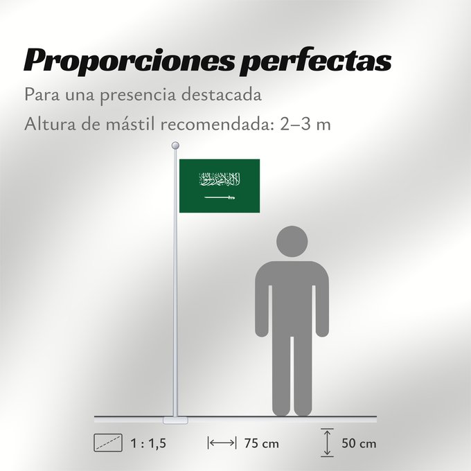 Proporciones de la bandera: Civil Ensign of Saudi Arabia obverse Saudi Arabia Arabie saoudite Arabia Saudita Saudi-Arabien الشعار المدني في الأعلى على الركن الأيمن للعلم، ومعدل التناسب ٢ ٣