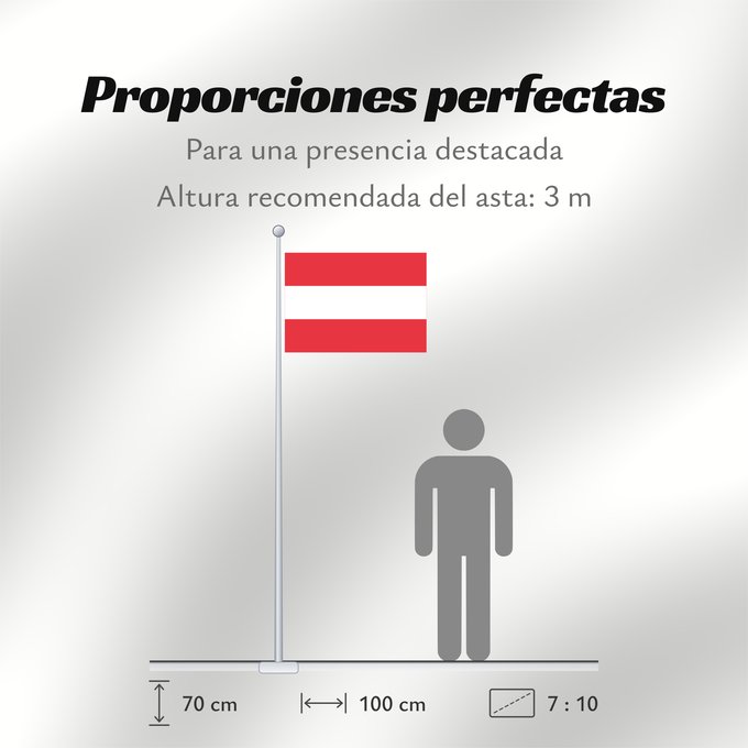 Proporciones de la bandera: Austria	Austria with the red in the Austrian national colours which was official ordered within the Austrian Armed Forces  Bundesheer  in the characteristic  Pantone 032 C”  since May 2018 the Red is ordered in the characteristic  Pantone 186 C”	L Autrich