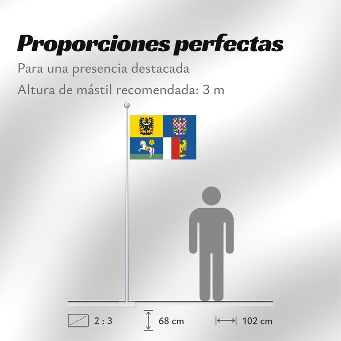 Proporciones de la bandera: Moravian-Silesian Region Région de Moravie-Silésie Región de Moravia-Silesia Moravian-Silesian Moravskoslezského kraje čtvrcený list v horním žerďovém žlutém poli slezská orlice v dolním žerďovém modrém poli na zeleném trávníku