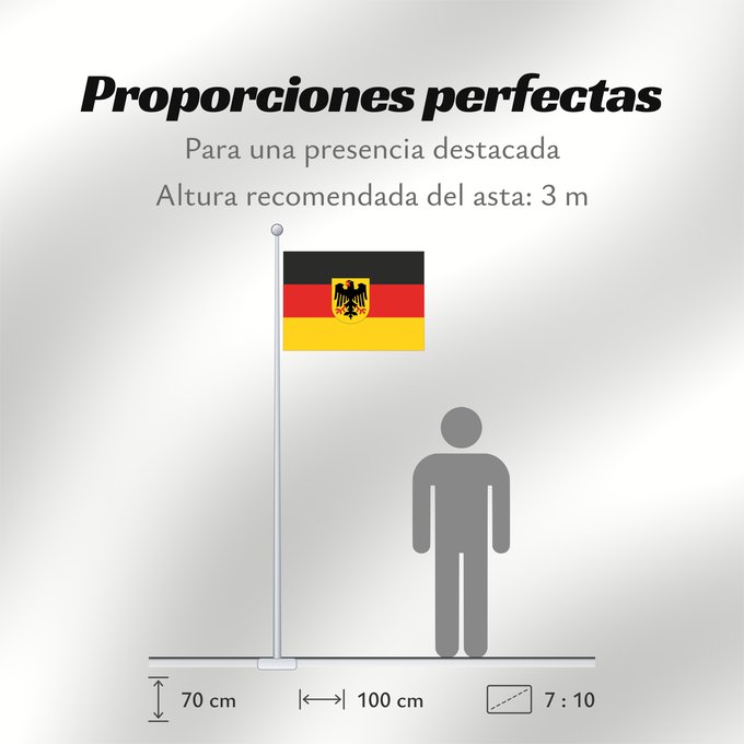 Proporciones de la bandera: Germany  state	Bundesdienstflagge  Flag of the federal authorities of Germany	Allemagne	La Bundesdienstflagge está reservada para las autoridades federales alemanas	Die Bundesdienstflagge ist den deutschen Bundesbehörden vorbehalten	Germania