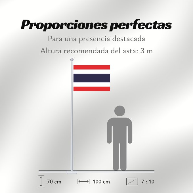 Proporciones de la bandera: Thailand	The national flag of Kingdom of Thailand; there are total of 3 colours Red represents the blood spilt to protect Thailand’s independence and often more simply described as representing the nation	Thaïlande	Tailandia desde el año 2017; hay en tota