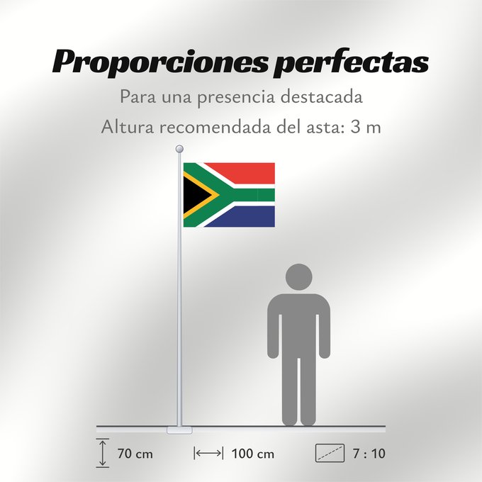Proporciones de la bandera: South Africa	Afrique du Sud	Sudáfrica	Südafrika	Sudafrica	South África Used color National flag | South African Government and Pantone Color Picker      green rendered as RGB 000 119 073Pantone 3415 C      yellow rendered as RGB 255 184 028Pantone 1235 C 