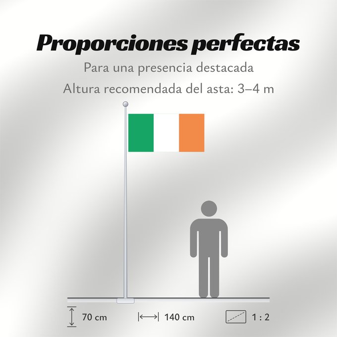 Proporciones de la bandera: Ireland Note that the green portion of the flag was designed to represent the majority Catholic residents of the island La partie verte du drapeau représente la majorité catholique de l île Es notable el hecho que la parte verde de la bandera representa l