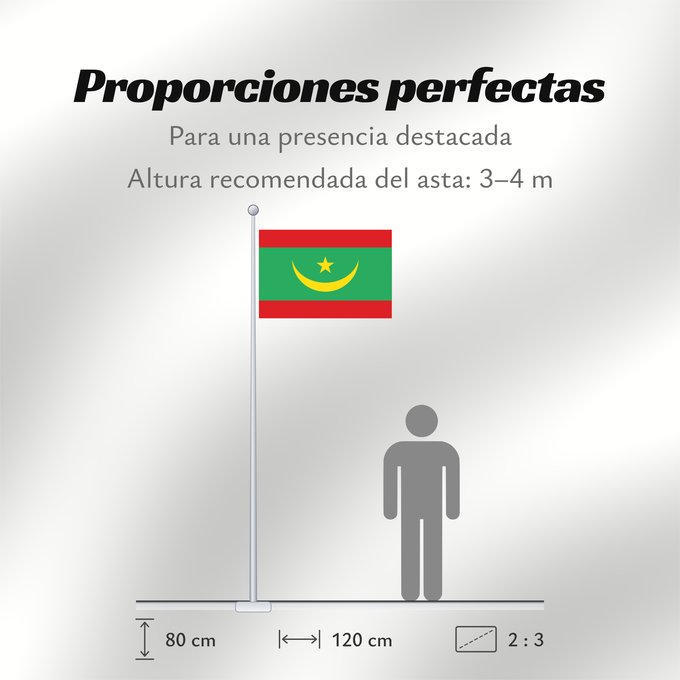 Proporciones de la bandera: Mauritania Mauritanie La Asamblea Nacional de Mauritania aprobó cambiar el diseño de la bandera nacional Mauretanien علم موريتانيا ، اعتمد في عام 2017. أضاف مجلس الأمة خطوطًا حمراء على الحافة العلوية والسفلية لتمثل دماء شهداء الاستقلال