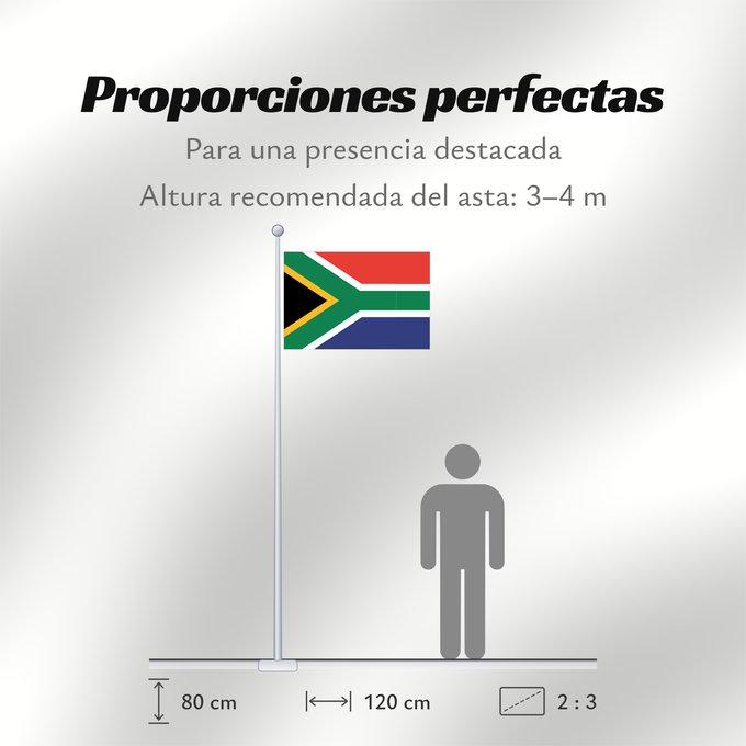 Proporciones de la bandera: South Africa Afrique du Sud Sudáfrica Südafrika Sudafrica South África Used color National flag | South African Government and Pantone Color Picker green rendered as RGB 000 119 073Pantone 3415 C yellow rendered as RGB 255 184 028Pantone 1235 C