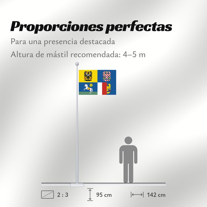 Proporciones de la bandera: Moravian-Silesian Region Région de Moravie-Silésie Región de Moravia-Silesia Moravian-Silesian Moravskoslezského kraje čtvrcený list v horním žerďovém žlutém poli slezská orlice v dolním žerďovém modrém poli na zeleném trávníku