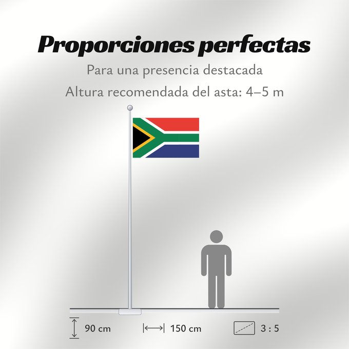 Proporciones de la bandera: South Africa	Afrique du Sud	Sudáfrica	Südafrika	Sudafrica	South África Used color National flag | South African Government and Pantone Color Picker      green rendered as RGB 000 119 073Pantone 3415 C      yellow rendered as RGB 255 184 028Pantone 1235 C 