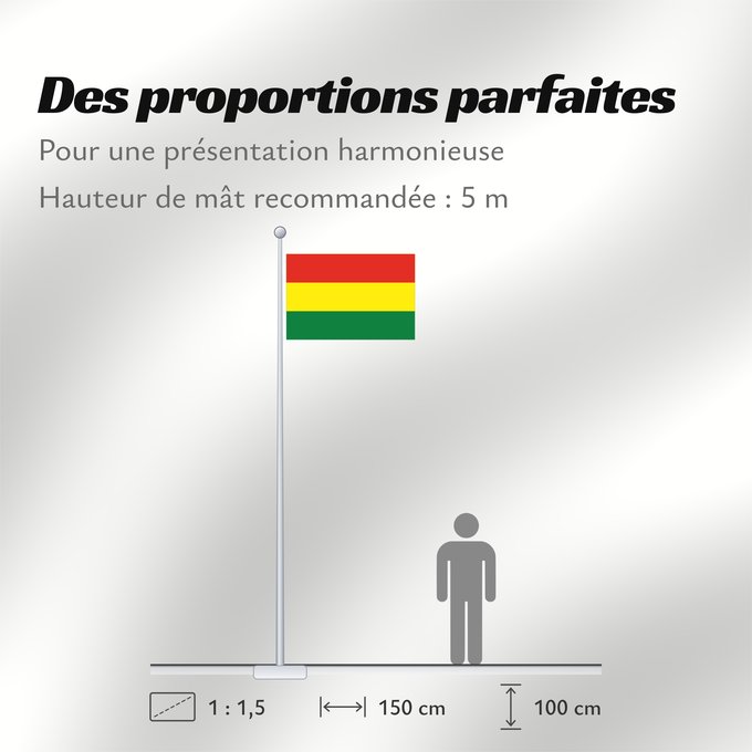 Proportions du drapeau : Bolivia	Bolivie	Bolivien	Bolivia Flag of Bolivia* country Template I18n/Republic of Bolivia used by Bolivia from 1851 until Present created by Government of Bolivia format 15 22 shape rectangular colours red